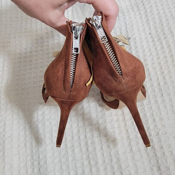 Zara Fringe Tassel Brown Multicolor Suede Stiletto Heel Sandals Size EU 38 7.5 - Picture 6 of 16